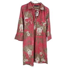 La Plage La Jolla Shirt Dress Pink 100% Cotton Animal Print Tropical NWT Size S